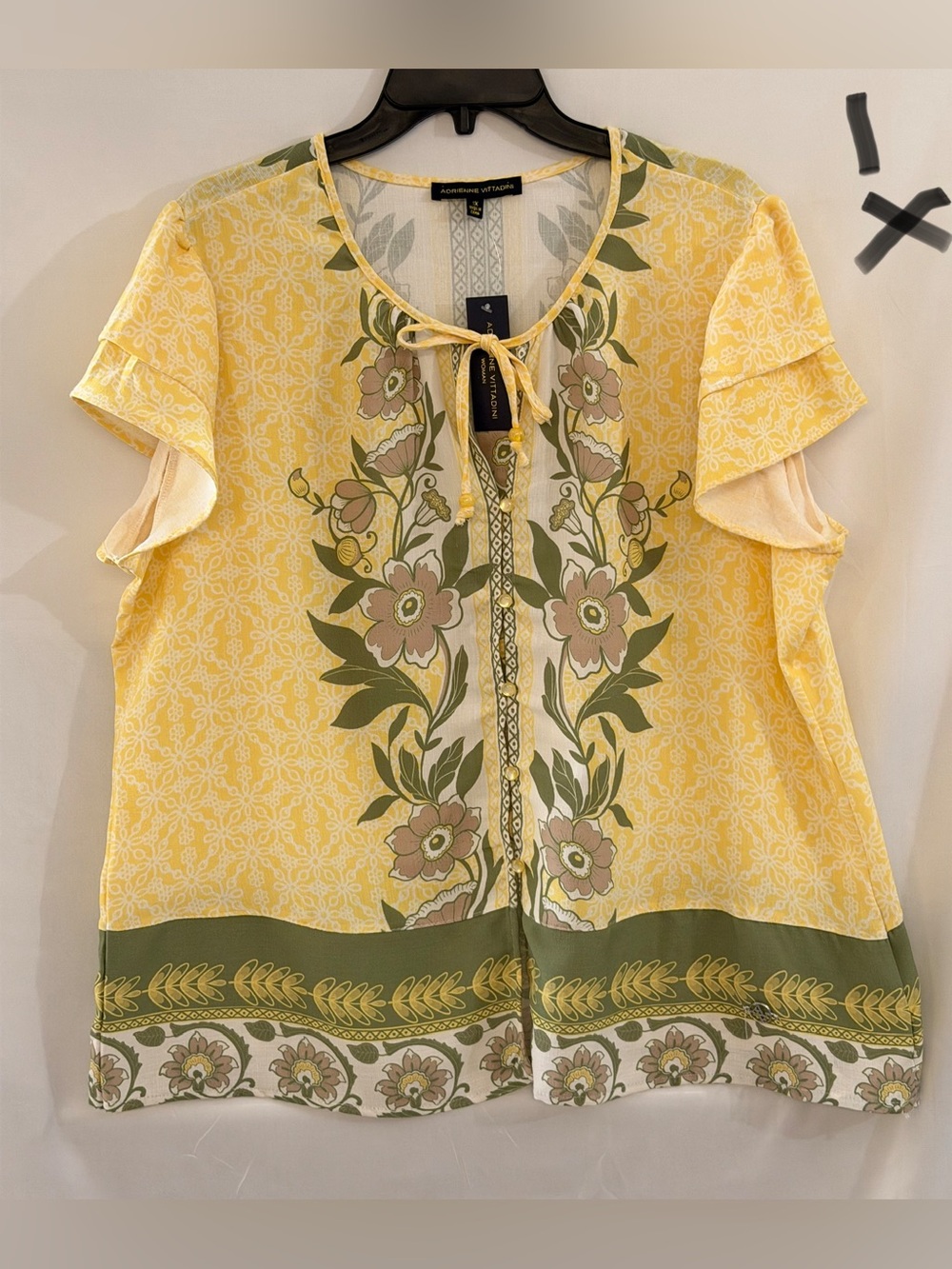 Adrienne Vittadini Yellow Floral Tie-Front Blouse with Olive Trim